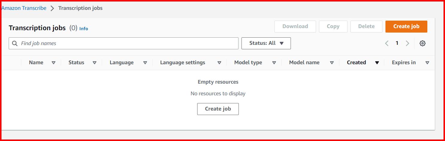Picture showing the screen to display the list of Transcribe jobs